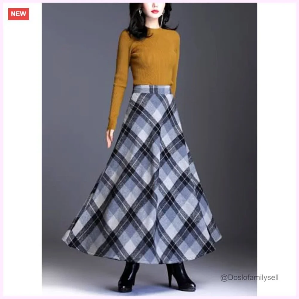 Wool Plaid Maxi Skirt High Waist A-Line with Pockets Winter Warm - Picture 3 of 4